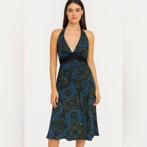 Y2K Laundry by Shelli Segal Silk Halter Dress Blue Gold Medallion Print Size 12